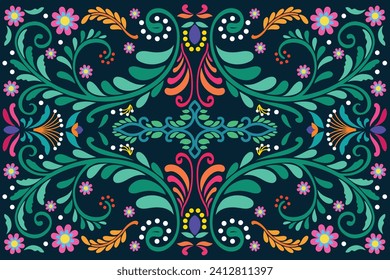 Mexican ethnic embroidery decoration ornament. Botanical pattern. Flat design colorful mexican background. Floral motif vector illustration.