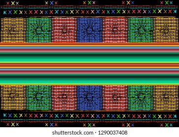 Mexican ethnic embroidery, Tribal art ethnic pattern. Colorful Mexican Blanket Stripes Folk abstract geometric repeating background texture, Vector Fabric design multi color background 