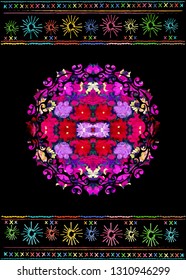 Mexican ethnic flowers embroidery, art floral pattern. Colorful Mexican Blanket Stripes  Folk abstract geometric repeating background texture, Vector carpet  Fabric design multi color background 