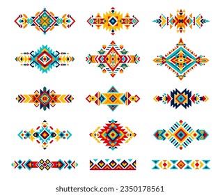 Mexican ethnic motif, tribal ornament, patterns. Isolated vector set of traditional embroidery samples, designs and symbols, reflecting the rich cultural heritage and indigenous artistry of Mexico