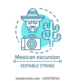 Mexican excursion concept icon. South American desert sights. Tour of Mexico. Camera, men head in sombrero, saguaro cactus idea thin line illustration. Vector isolated outline drawing. Editable stroke