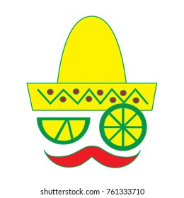 mexican face hat and mustache with slice lemon culture symbol