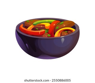 Mexican fajitas, stir fried dish, include colorful sauteed strips of bell peppers, onions, herbs and meat, served in a bowl. Isolated cartoon vector traditional Mexican meal, restaurant food, dinner