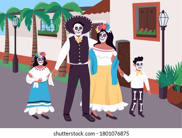 Mexican family at carnival flat color vector illustration. National holiday costumes for death festival. Parents with children. Traditionally dressed 2D cartoon characters with cityscape on background