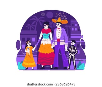 A Mexican Family Dressed in Traditional Mexican Costumes at the Day of the Dead Carnival, a Traditional Halloween in Mexico, Dia de Los Muertos