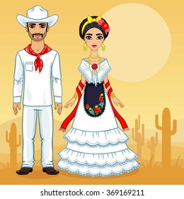 Mexican family in traditional clothes. Background desert.