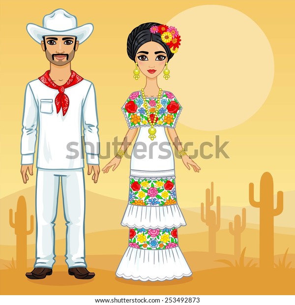 Mexican Family Traditional Clothes Background Desert Stock Vector ...