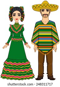 Mexican family in traditional clothes. Isolated on a white background.