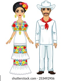 Mexican family in traditional clothes. Isolated on a white background.