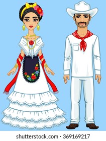 Mexican family in traditional clothes. Isolated on a blue background.