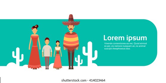 Mexican Family With Two Children Wear Traditional Clothes Cactus Banner With Copy Space Flat Vector Illustration