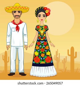 Mexican family in vintage clothes. Background the desert with cactus.