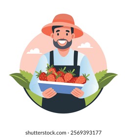 Mexican farmer harvest fresh strawberry, flat style illustration