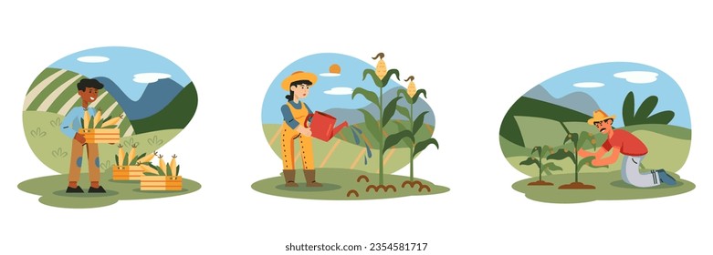 Granjero mexicano con maíz. Hembra en plantas de maíz para riego uniforme en el campo. Hombre examinando plantas. Concepto de cultivo de maíz. Ilustración vectorial plana en estilo de dibujos animados