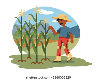 Granjero mexicano parado en la plantación y revisando la planta de maíz. Concepto del proceso de cultivo de maíz. Ilustración vectorial en estilo de dibujos animados en colores azul y verde