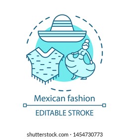 Mexican fashion concept icon. South American traditional clothes. Poncho, sombrero, woman in long dress idea thin line illustration. Vector isolated outline drawing. Editable stroke