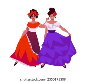 Mexican fashion two women in long traditional dress, white top blue and red wavy bottom. Vector beautiful lady with flowers in head. Cartoon character in national flamenco style, latino girls isolated