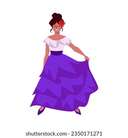 Mexican fashion woman in long traditional dress, white top, blue wavy bottom. Vector beautiful lady with flower in head. Cartoon character in national flamenco style, latino girl isolated on white