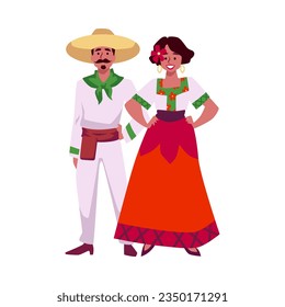 Mexican fashion woman in long traditional dress decorated with roses. Mexican man in white suit with a belt and sombrero hat. Vector cartoon characters in national flamenco style, latino people