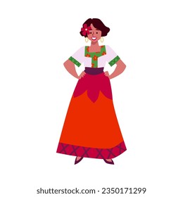 Mexican fashion woman in long traditional dress decorated with roses. Vector beautiful lady with flower in head. Cartoon character in national flamenco style, latino girl isolated on white background