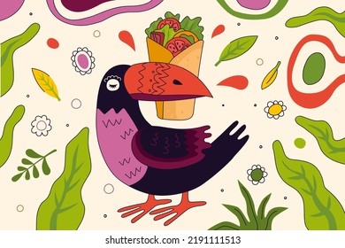 Mexican fast food burrito drawing poster design for mexico cuisine restaurant menu or eatery advertising. In bird toucan beak traditional Latin American dish wrapped in tortilla filling. Vector eps
