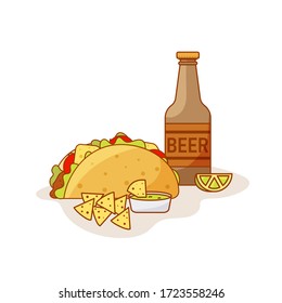 Mexican fast food combo menu. Tacos, beer, lime, nachos and guacamole. Vector illustration in flat cartoon style