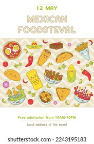 Mexican fast food fair and fisteval template with kawaii food in cartoon doodle style. 