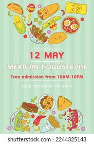 Mexican fast food fair and fisteval template with kawaii food in cartoon doodle style. 