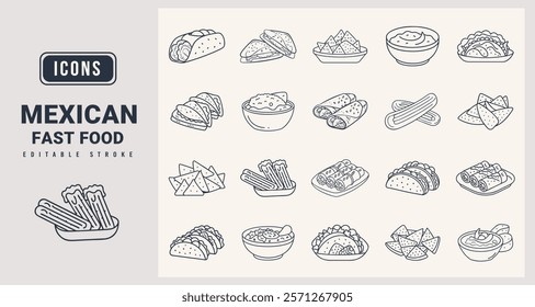 Mexican Fast Food Icons set. vector illustration in modern thin line style of Mexican Fast Food icons.