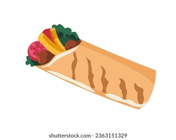 Mexican fast food, isolated tasty cuisine and dishes grab and go. Delicious burrito with meat and vegetables, salad leaves and potato, tomatoes and fresh ingredients snack. Vector in flat style