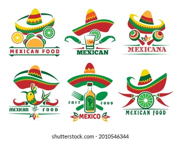 Mexican fast food logo set. Mexica menu symbols, nachos tacos red sauce salsa delicious dishes, restaurant labels with cactus jalapeno sombrero vector illustration