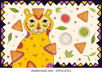 Mexican Fast Food Nachos Drawing Poster For Mexico Cuisine Restaurant Menu. Eatery Advertising Eps Banner With Latin American Puma Cougar And Traditional Snack Nacho And Guacamole, Salsa, Cheese