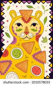 Mexican fast food nachos hand drawn poster for mexico cuisine restaurant menu. Eatery advertising banner with Latin American puma cougar and traditional snack nacho and guacamole, salsa, cheese sauce