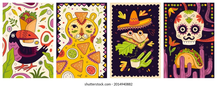 Mexican fast food promo poster design set. Mexico cuisine banner burrito. Latin American dish placard nachos or nacho and sauces. Restaurant or eatery advertising flyers quesadilla and tacos or taco