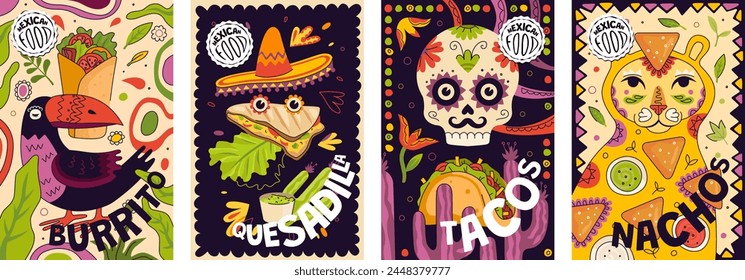 Conjunto de diseño de póster promocional de comida rápida mexicana. Anuncio de cocina mexicana con burrito y nacho. Nachos y taco con pancarta de platos estadounidenses de Latina. Vector publicitario de restaurantes y restaurantes eps print quesadilla y tacos