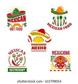 Mexican fast food restaurant emblem set. Mexican cuisine taco and chilli pepper with sombrero hat, maracas, cactus, fork and spoon symbol decorated with spicy herbs and traditional mexican ornament