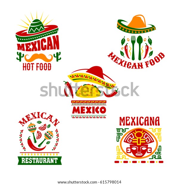 Mexikanisches Fastfood Restaurant Emblem Set Mexikanische Kuche Taco Und Stock Vektorgrafik Lizenzfrei