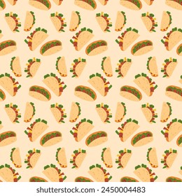 Patrón de comida rápida mexicana sin fisuras. Tacos fondo interminable. Carne a la parrilla con verduras sándwich repetir cubierta. Ilustración plana de Vector.