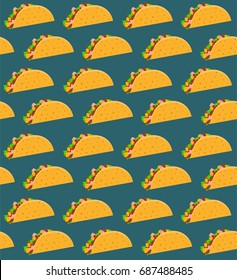 Mexican fast food seamless pattern with taco on aquamarine background. Nice spanish fastfood texture for textile, wallpaper, background, cover, banner, bar and cafe menu design