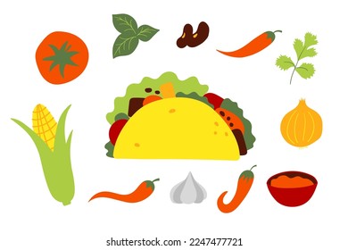 Mexican fast food Taco with ingredients. Vector illustration in flat style. Clipart for website, icon, food delivery, recipe, bakery store.