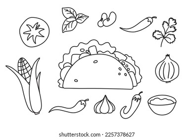 Mexican fast food Taco with ingredients. Vector illustration in flat style. Clipart for website, icon, food delivery, recipe, bakery store.