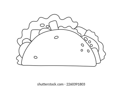 Mexican fast food Taco with meat, vegetable and tortilla. Vector illustration in flat style. Clipart for website, icon, food delivery, recipe, bakery store.