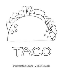 Mexican fast food Taco with meat, vegetable and tortilla. Vector illustration in flat style. Clipart for website, icon, food delivery, recipe, bakery store.