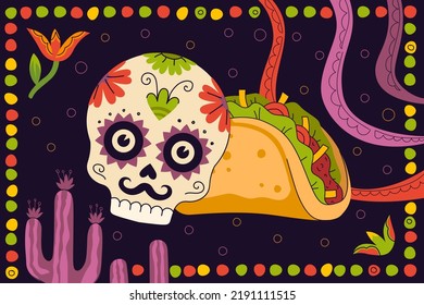 Mexican Fast Food Tacos Drawing Poster For Mexico Cuisine Restaurant Menu For Taqueria Eatery Advertising. Skeleton Skull, Ornament And Traditional Latin American Dish Tortilla Stuffed. Taco Banner