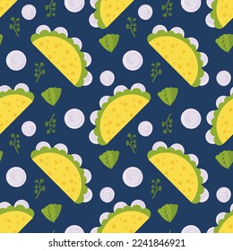 Mexican fastfood taco and onion seamless pattern. Perfect print for tee, paper, textile and fabric. Simple vector background for decor and design.



