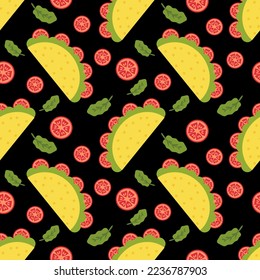 Mexican fastfood taco and tomatoes seamless pattern. Perfect print for tee, paper, textile and fabric. Simple vector background for decor and design.



