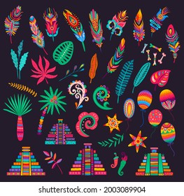 Mexican feathers, bones and palms, pyramids and flowers, chilli peppers, leaves and balloons. Mexican holiday, fiesta party or festival vector design elements with bright floral patterns