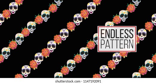 Mexican female and male sugar skulls with marigold flowers diagonal stripes garland seamless pattern. Traditional elements on dark repeatable background.