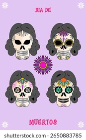 Mexican female skull vector collection in color. Perfect for day of the dead celebrations
