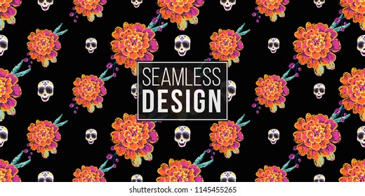 Mexican female sugar skull and marigold seamless pattern. Traditional elements on dark repeatable background. Watercolor style illustration on black backdrop.